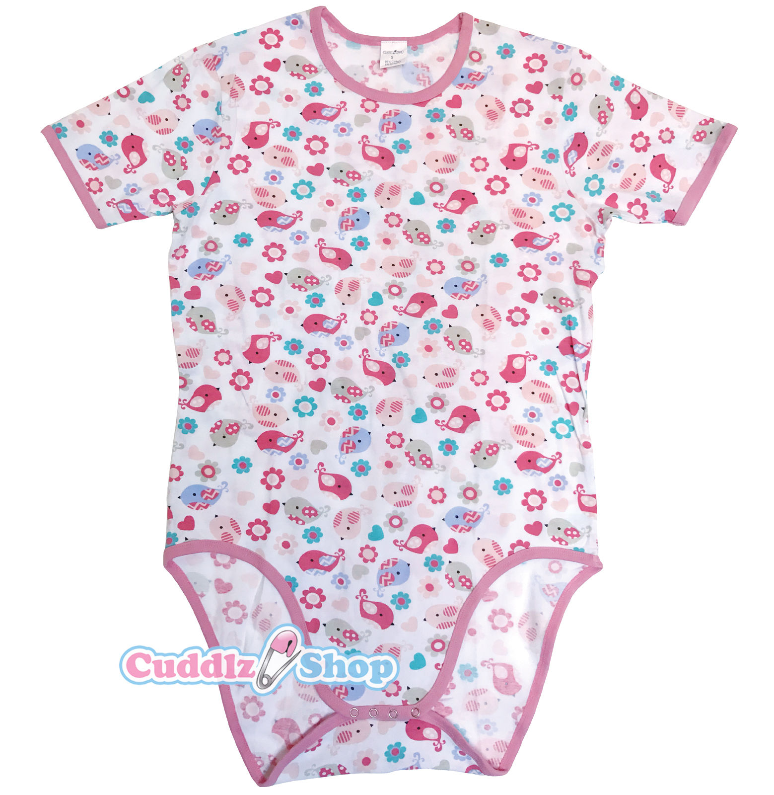 Cuddlz Pink Birds Pattern Cotton Stretch Adult Baby Grow Romper ABDL Body Suit